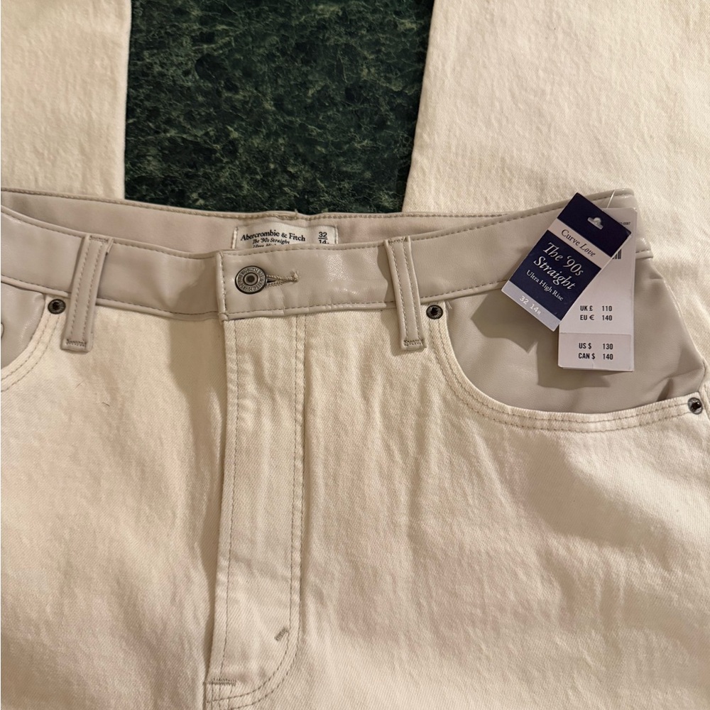 Abercrombie & Fitch Off-White High-Rise Leather Top Jeans
